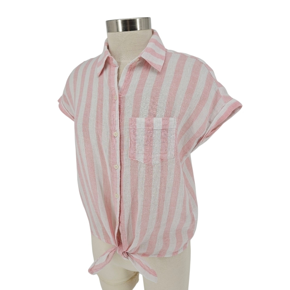 Old Navy Shirt Linen Pink Stripe Short Sleeve Button Up Collared Tie Knot Small - Picture 3 of 8
